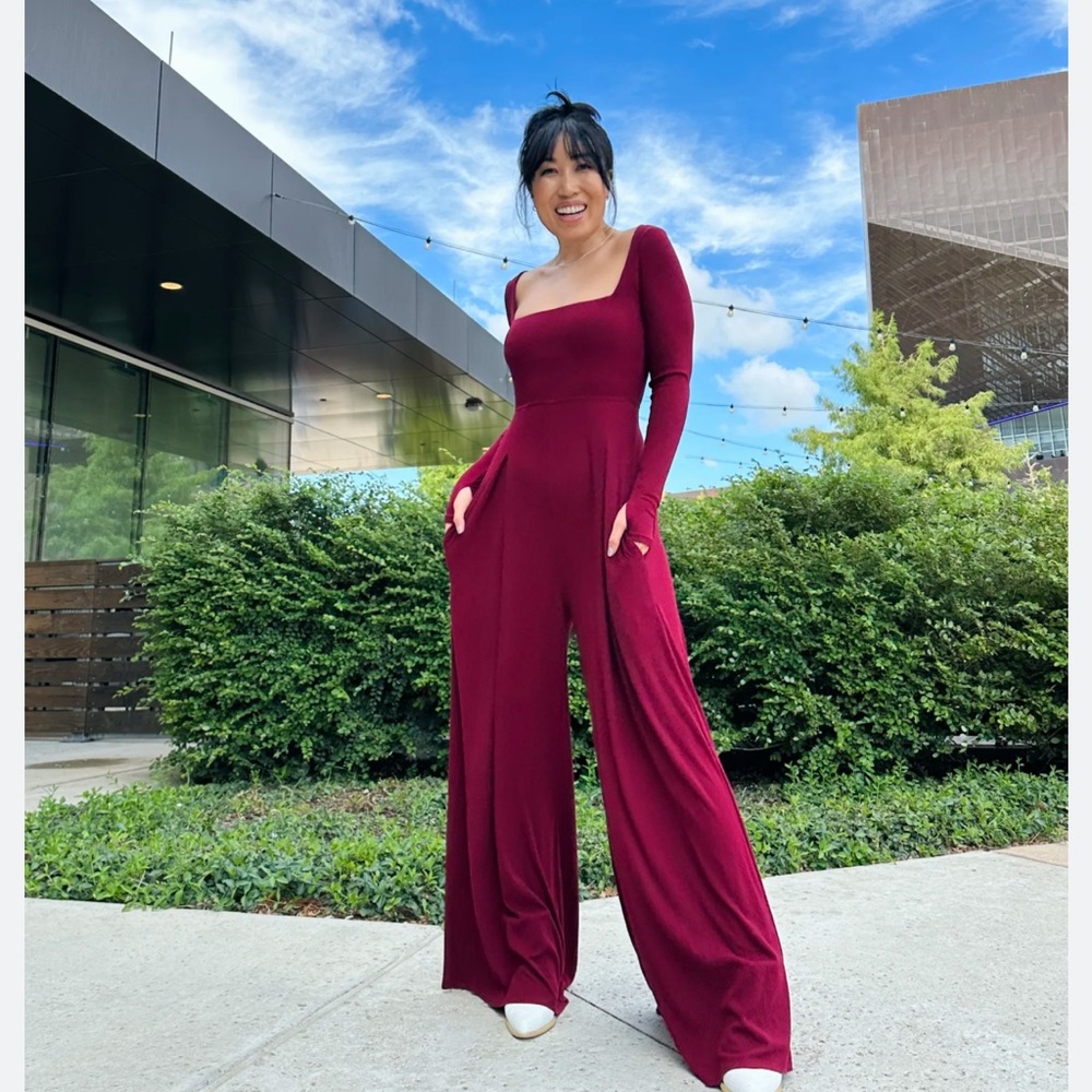 Asymmetric One-Shoulder Wide-Leg Jumpsuit in Wine